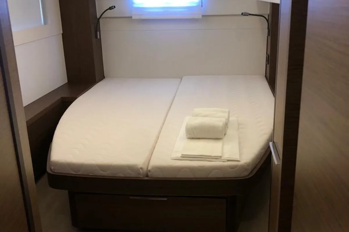 Cabin on Arianna, a Lagoon 46 Fly catamaran at Capo d'Orlando, Italy