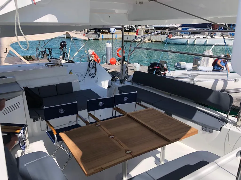 Deck of Arianna, a Lagoon 46 Fly catamaran at Capo d'Orlando, Italy