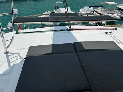 Deck of Arianna, a Lagoon 46 Fly catamaran at Capo d'Orlando, Italy