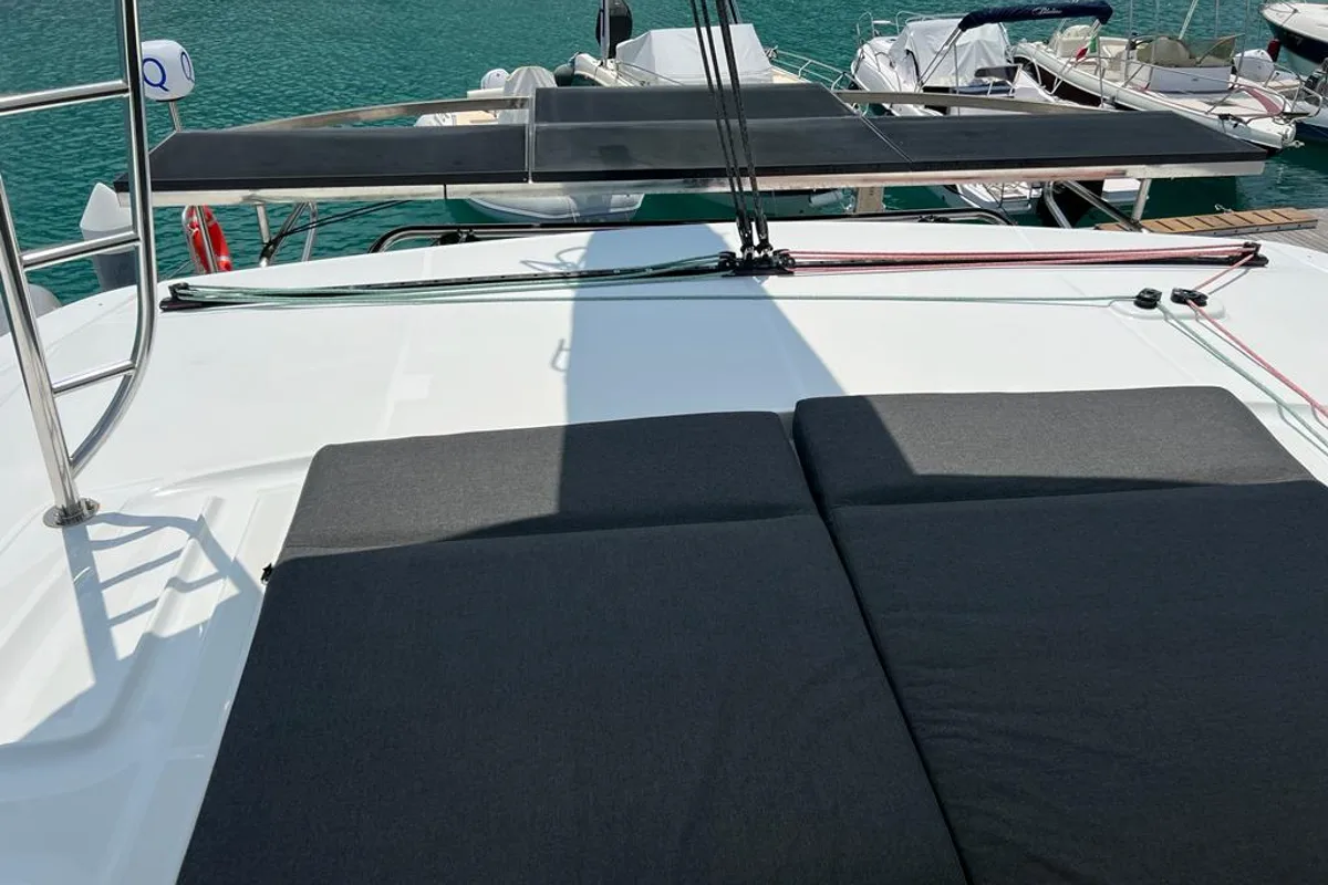 Deck of Arianna, a Lagoon 46 Fly catamaran at Capo d'Orlando, Italy