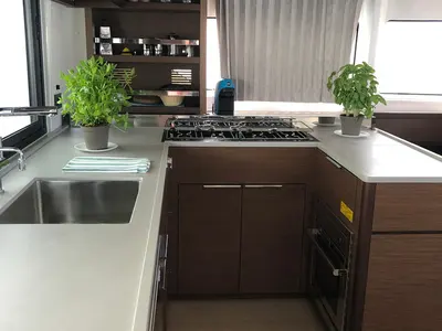 Galley of Arianna, a Lagoon 46 Fly catamaran at Capo d'Orlando, Italy