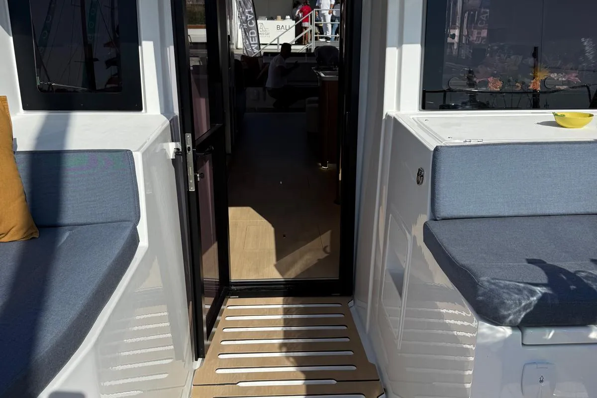Deck of Boca Chica, a Bali 5.2 catamaran at Olbia, Italy