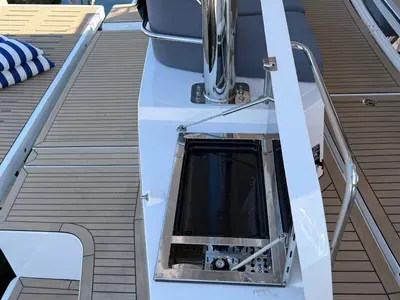 Salon of Boca Chica, a Bali 5.2 catamaran at Olbia, Italy