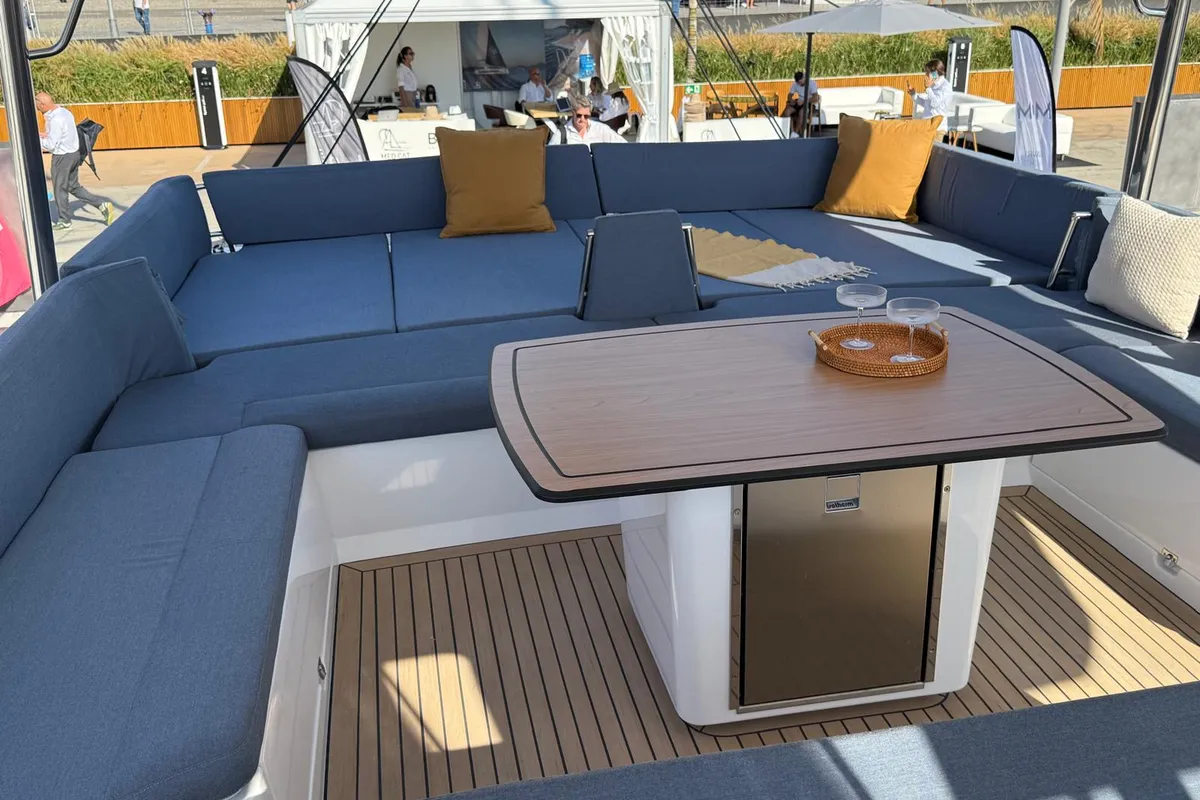 Deck of Boca Chica, a Bali 5.2 catamaran at Olbia, Italy