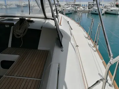 Deck of Parbleu, a Dufour 390 Grand Large sailboat at Capo d'Orlando, Italy