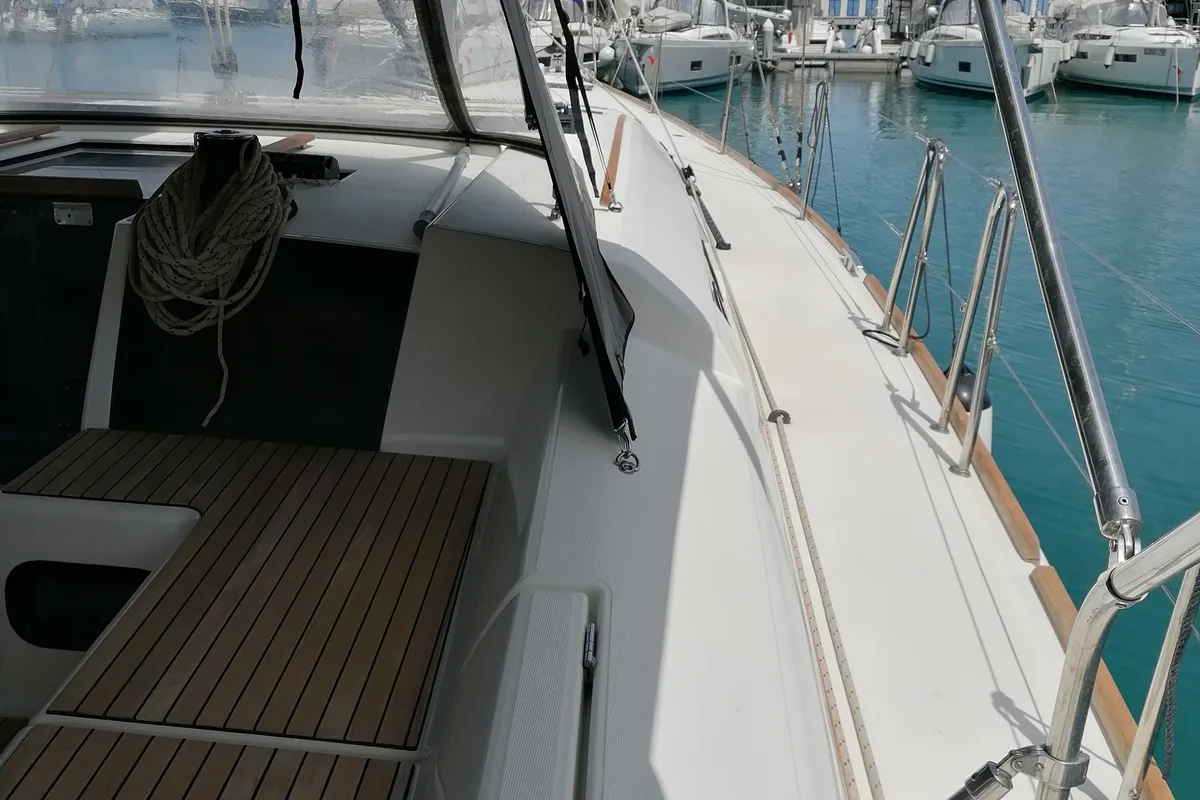 Deck of Parbleu, a Dufour 390 Grand Large sailboat at Capo d'Orlando, Italy