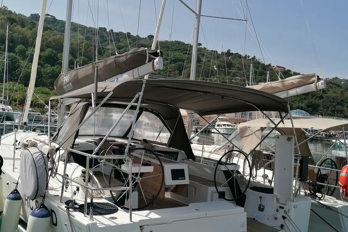 Cockpit of Parbleu, a Dufour 390 Grand Large sailboat at Capo d'Orlando, Italy