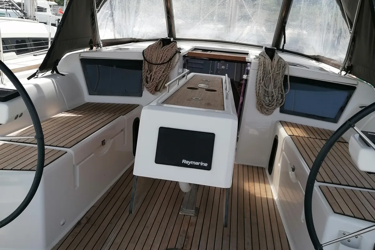 Cockpit of Parbleu, a Dufour 390 Grand Large sailboat at Capo d'Orlando, Italy
