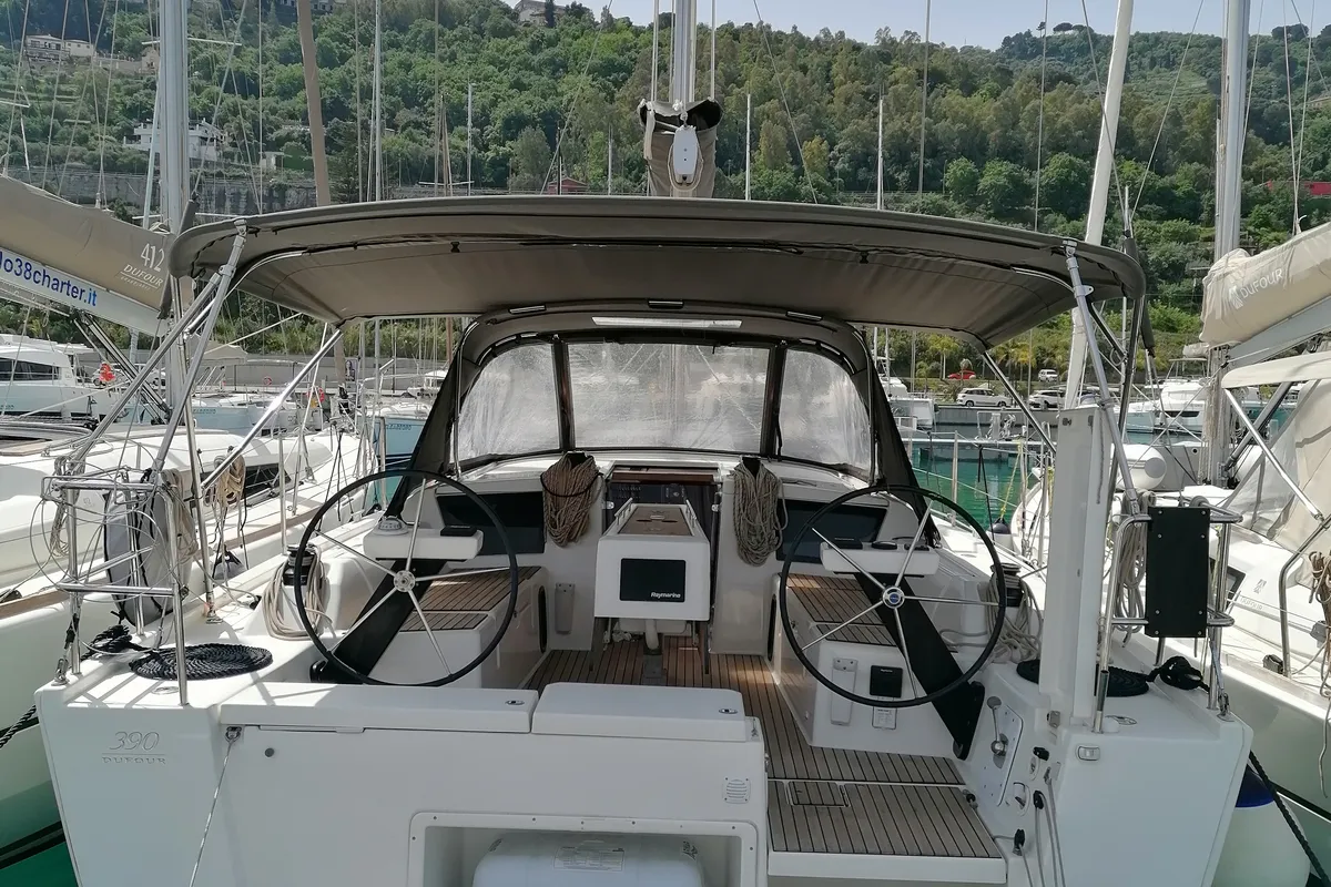 Cockpit of Parbleu, a Dufour 390 Grand Large sailboat at Capo d'Orlando, Italy