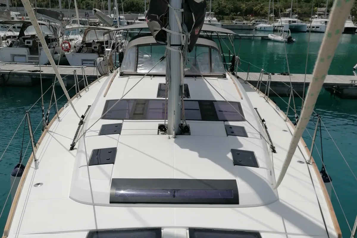 Deck of Parbleu, a Dufour 390 Grand Large sailboat at Capo d'Orlando, Italy