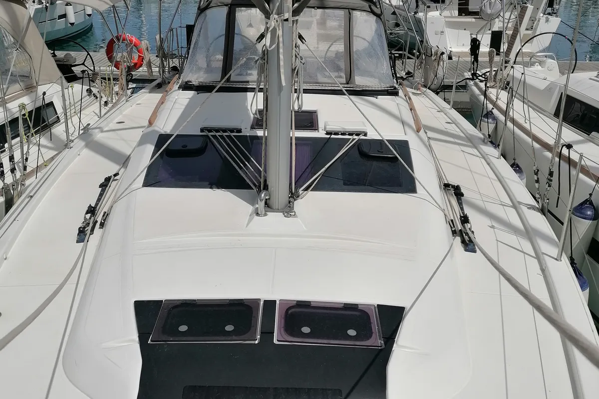 Deck of Parbleu, a Dufour 390 Grand Large sailboat at Capo d'Orlando, Italy