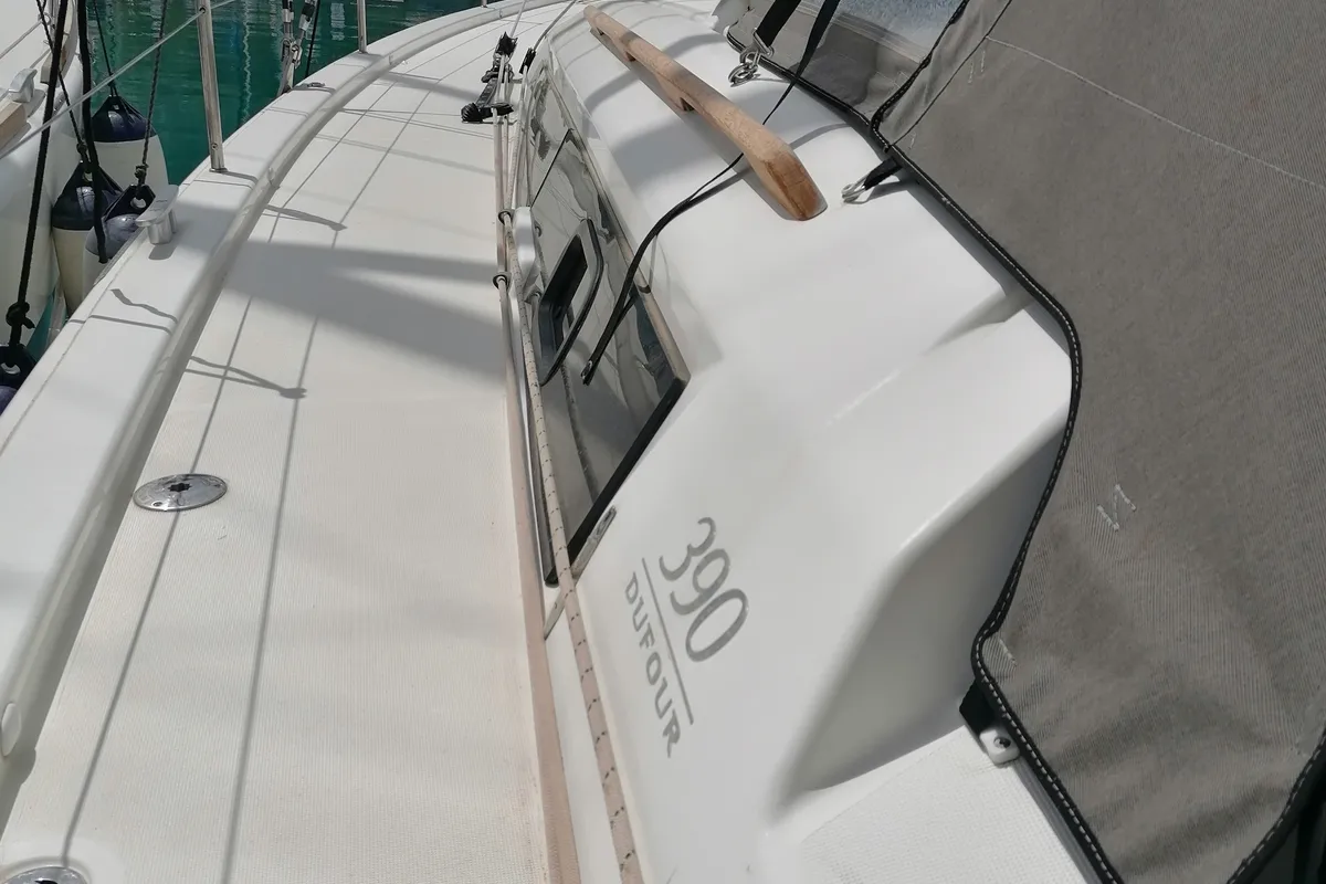 Deck of Parbleu, a Dufour 390 Grand Large sailboat at Capo d'Orlando, Italy