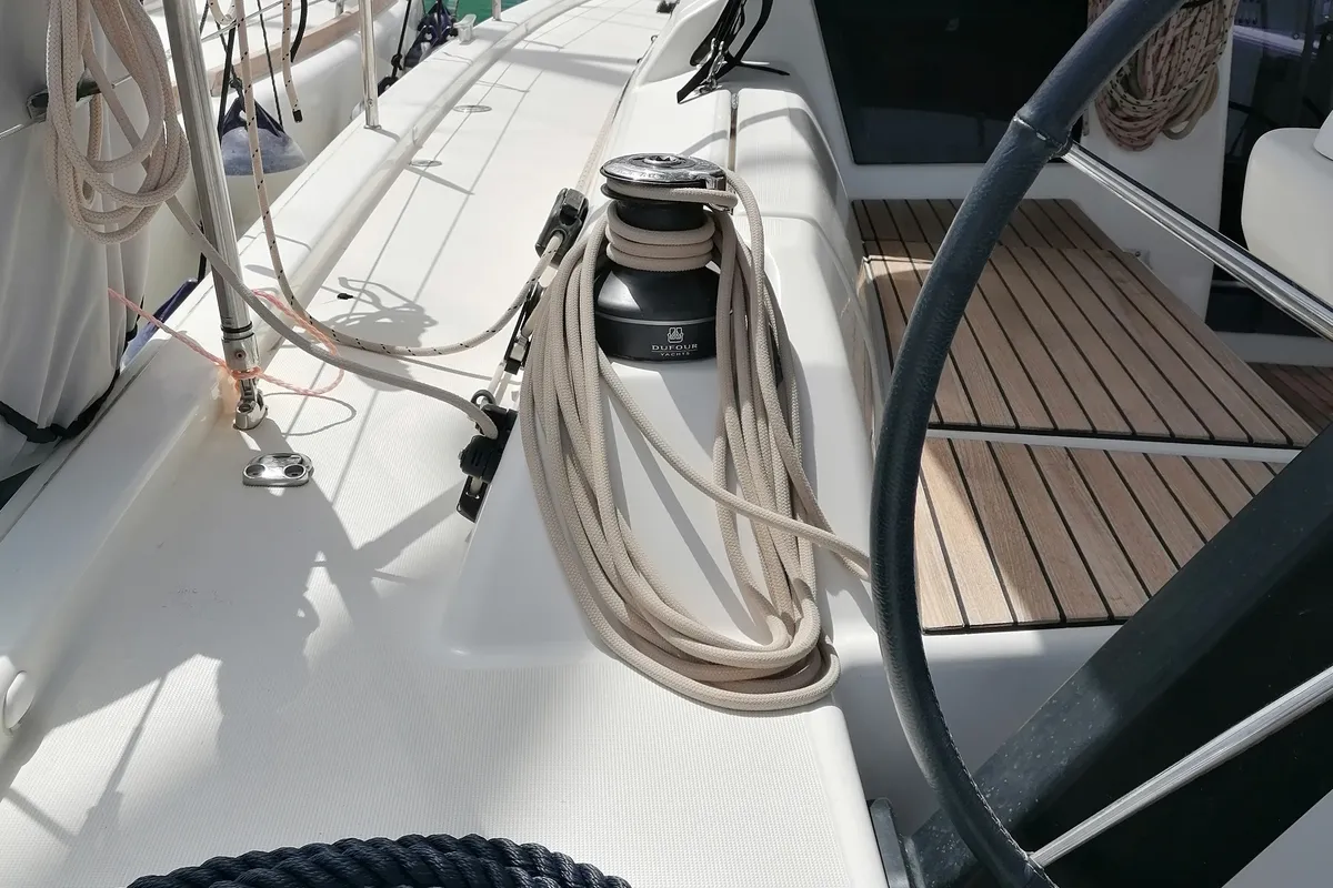 Deck of Parbleu, a Dufour 390 Grand Large sailboat at Capo d'Orlando, Italy