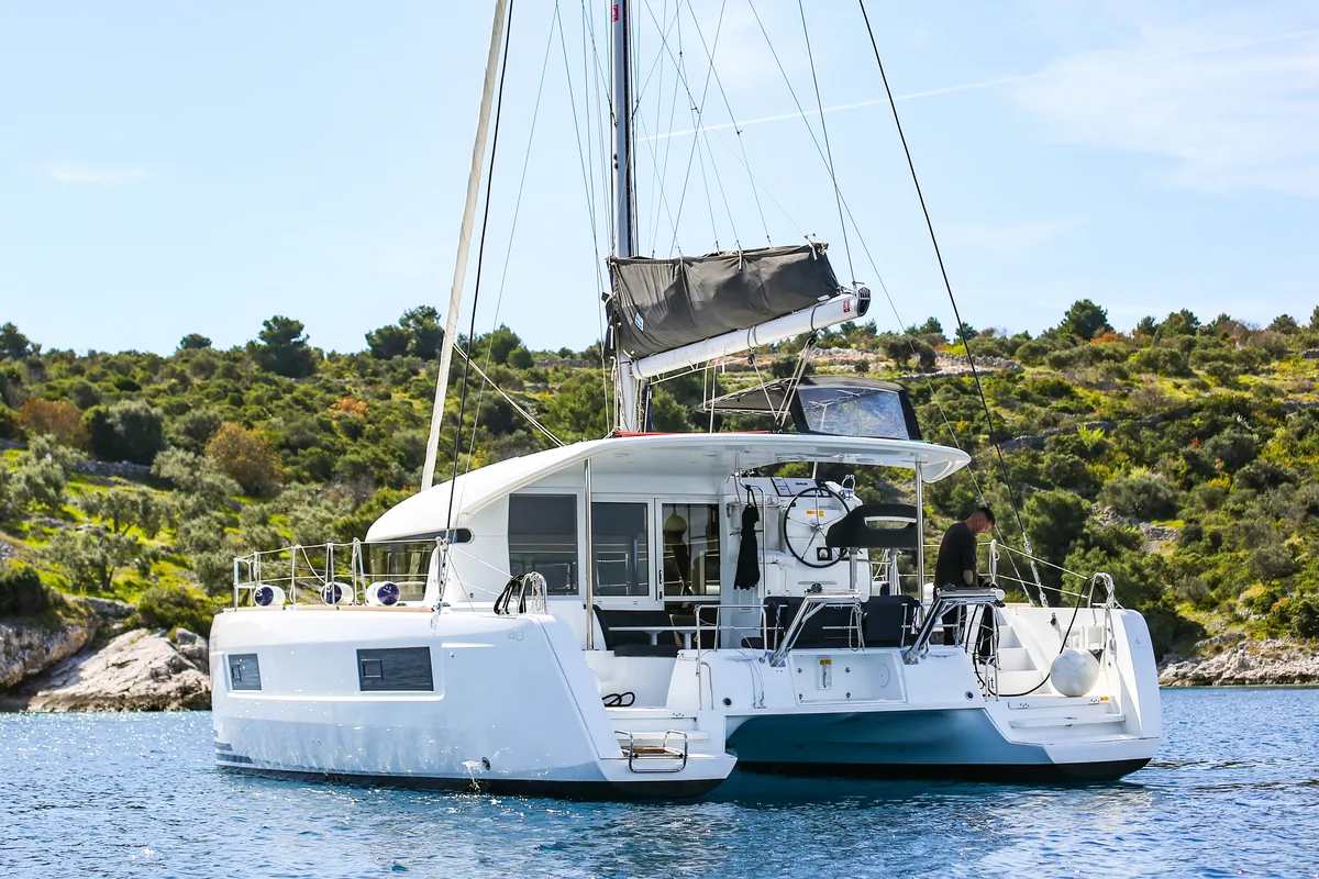 Exterior view of Bahia Real, a Lagoon 40 catamaran at Primošten, Croatia
