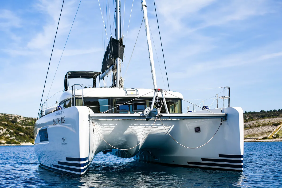 Exterior view of Bahia Real, a Lagoon 40 catamaran at Primošten, Croatia