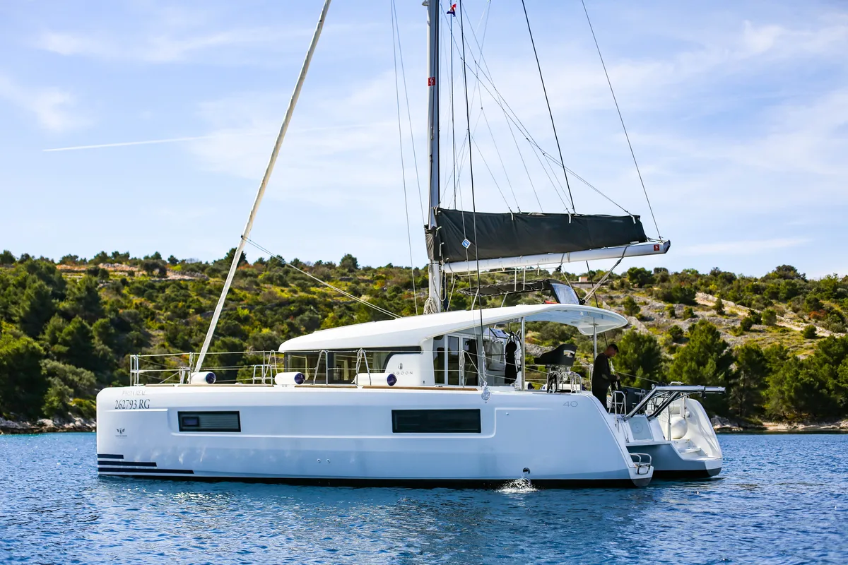 Exterior view of Bahia Real, a Lagoon 40 catamaran at Primošten, Croatia