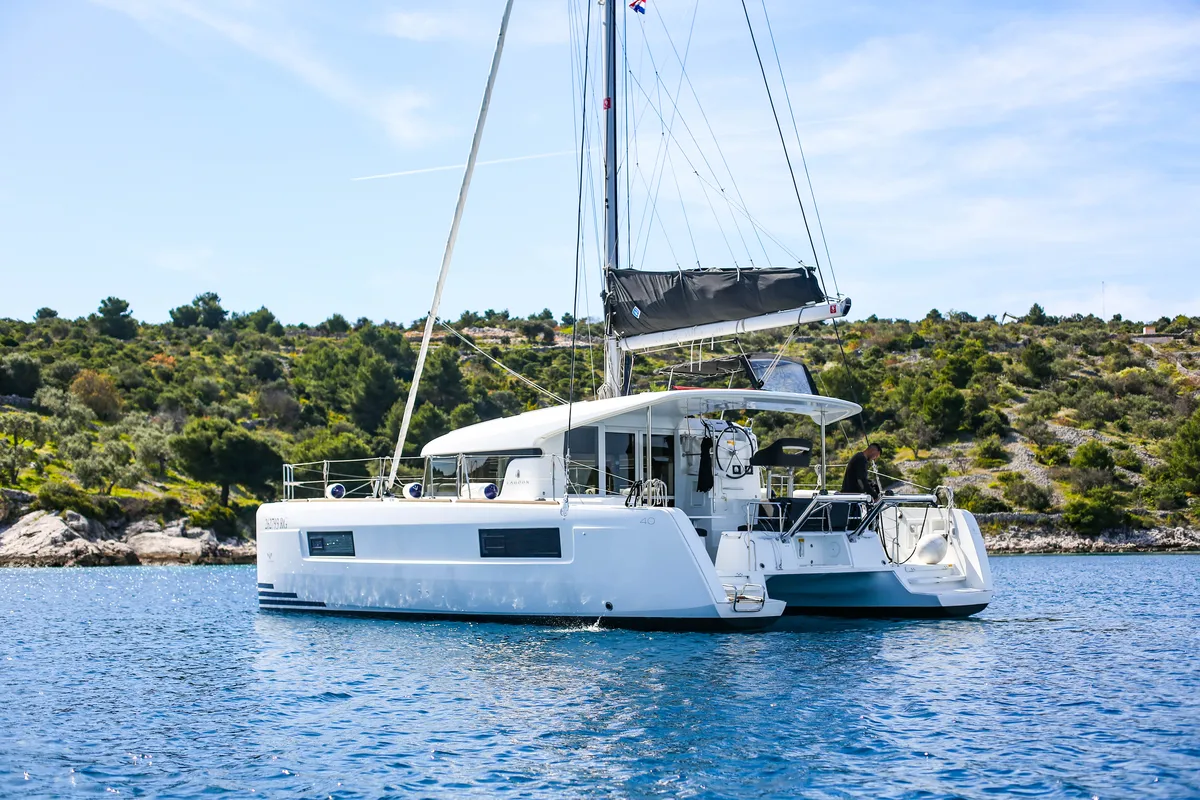 Exterior view of Bahia Real, a Lagoon 40 catamaran at Primošten, Croatia