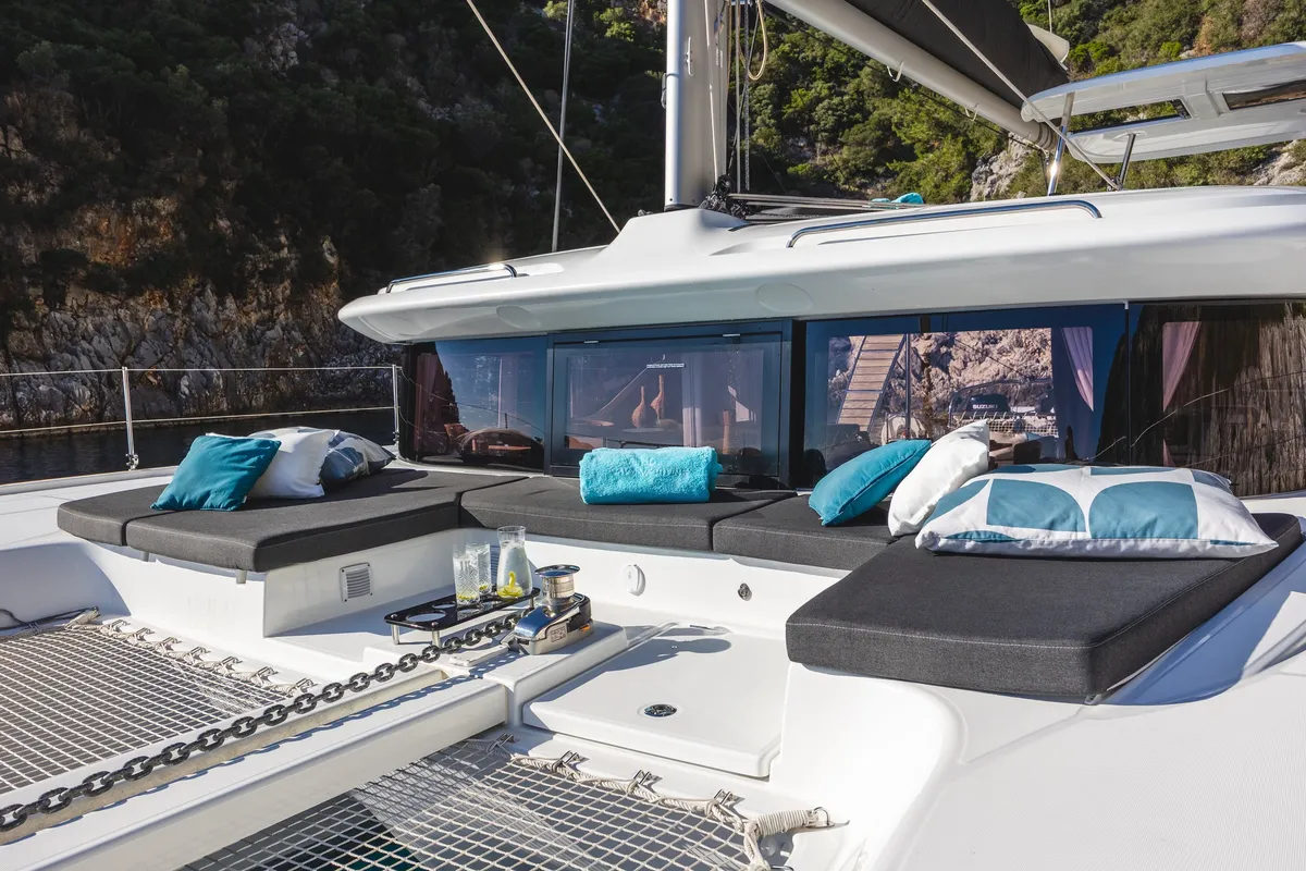 Deck of ZOE, a Lagoon 43 catamaran at Municipal Unit of Lefkada, Greece