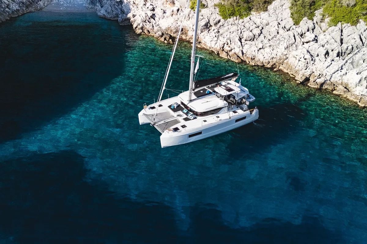 Exterior view of ZOE, a Lagoon 43 catamaran at Municipal Unit of Lefkada, Greece