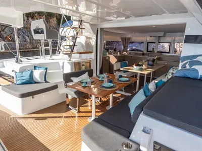 Deck of ZOE, a Lagoon 43 catamaran at Municipal Unit of Lefkada, Greece