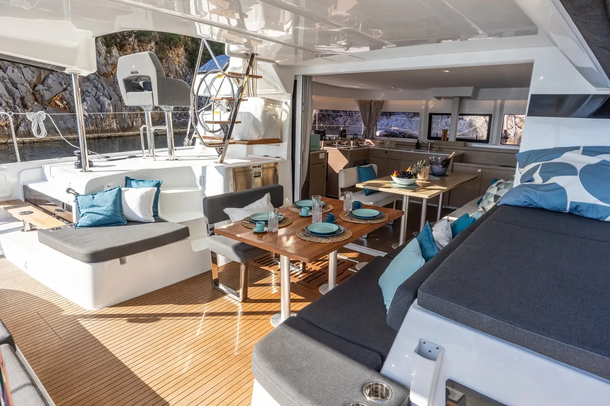 Deck of ZOE, a Lagoon 43 catamaran at Municipal Unit of Lefkada, Greece