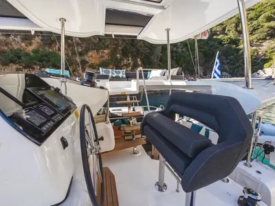Cockpit of ZOE, a Lagoon 43 catamaran at Municipal Unit of Lefkada, Greece