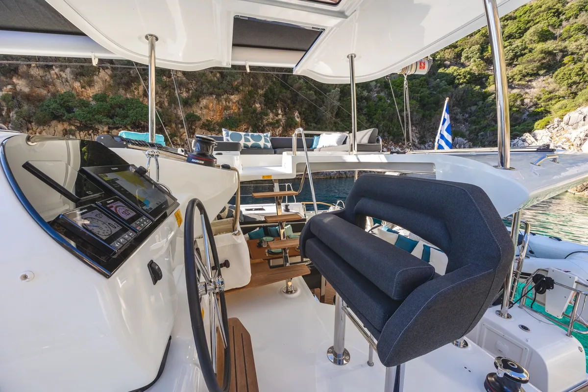 Cockpit of ZOE, a Lagoon 43 catamaran at Municipal Unit of Lefkada, Greece
