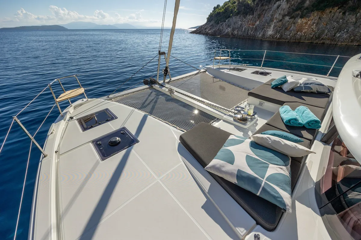 Deck of ZOE, a Lagoon 43 catamaran at Municipal Unit of Lefkada, Greece