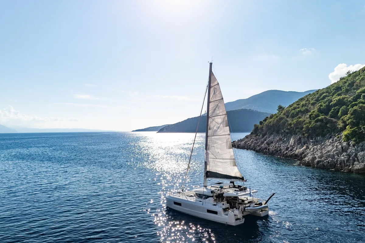 Exterior view of ZOE, a Lagoon 43 catamaran at Municipal Unit of Lefkada, Greece