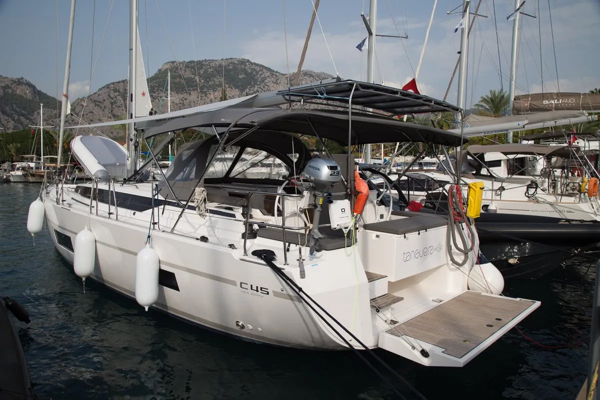 Exterior view of Tanguera, a Bavaria C45 sailboat at Marmaris, Turkey