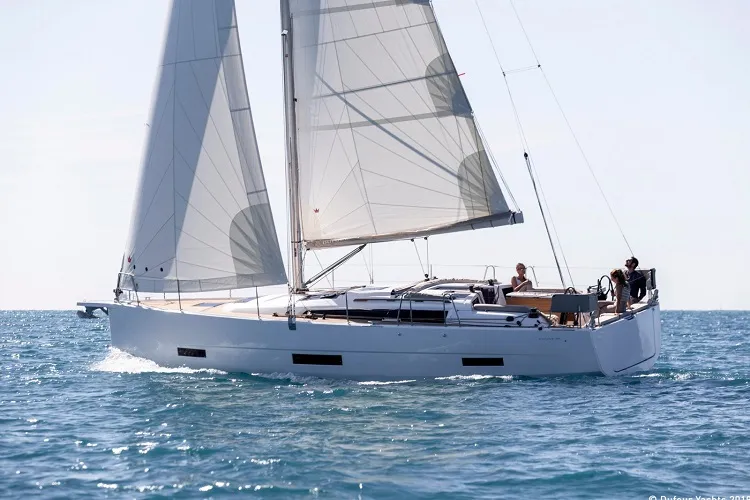 Exterior view of La Luz, a Dufour 390 sailboat at Fethiye, Turkey