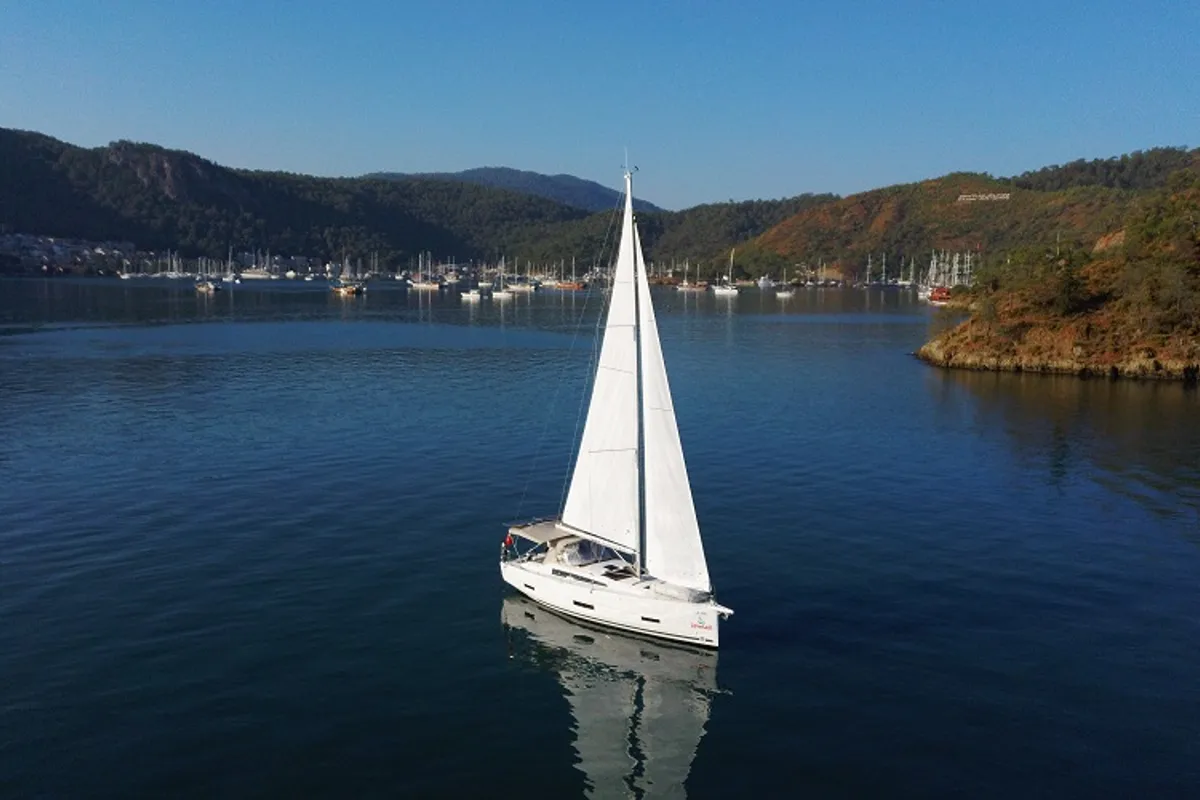 Exterior view of La Luz, a Dufour 390 sailboat at Fethiye, Turkey