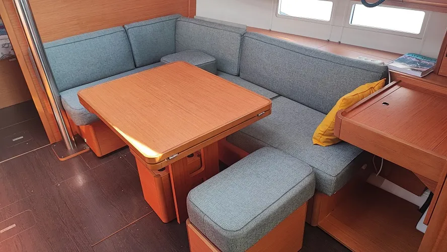 Salon of La Luz, a Dufour 390 sailboat at Fethiye, Turkey