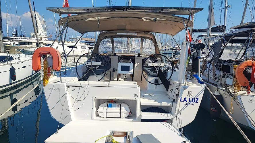 Cockpit of La Luz, a Dufour 390 sailboat at Fethiye, Turkey