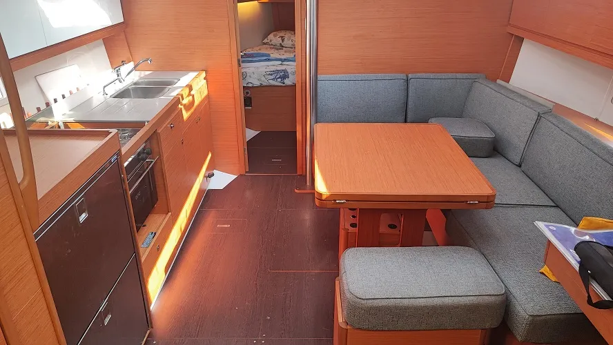 Salon of La Luz, a Dufour 390 sailboat at Fethiye, Turkey