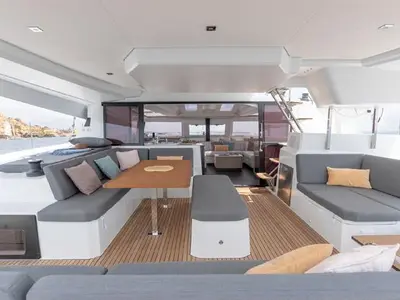 Deck of Diadem, a Fountaine Pajot Elba 45 catamaran at Grad Trogir, Croatia