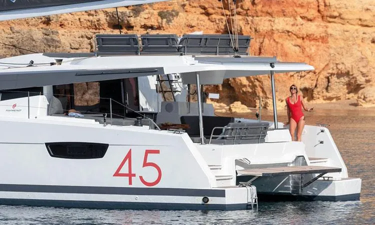 Exterior view of Diadem, a Fountaine Pajot Elba 45 catamaran at Grad Trogir, Croatia