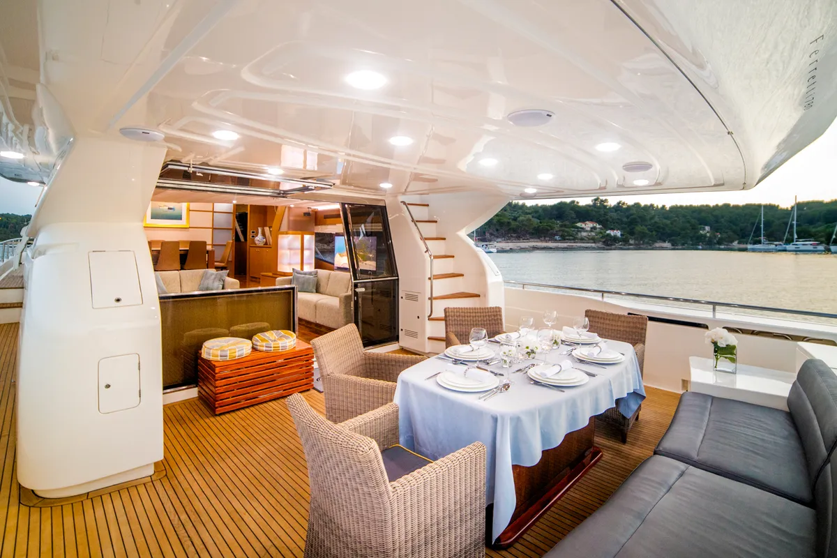 Deck of Orlando L, a Ferretti 780 motor yacht at Split, Croatia