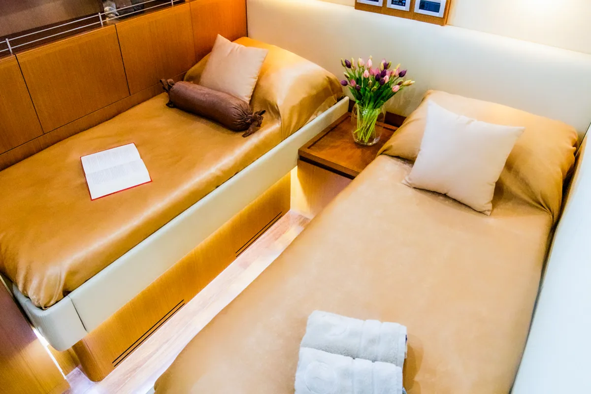 Cabin on Orlando L, a Ferretti 780 motor yacht at Split, Croatia
