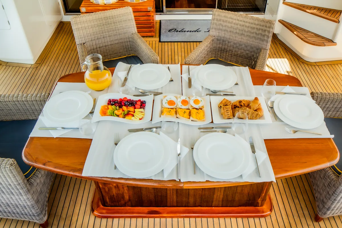 Deck of Orlando L, a Ferretti 780 motor yacht at Split, Croatia