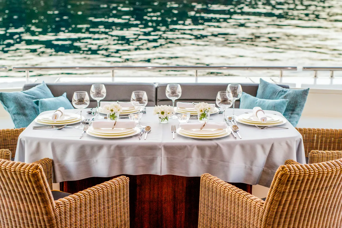 Deck of Orlando L, a Ferretti 780 motor yacht at Split, Croatia