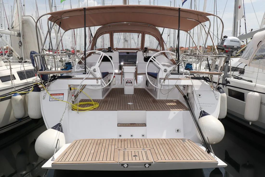 Exterior view of Indiana, a Elan Impression 45 sailboat at Grad Biograd na Moru, Croatia
