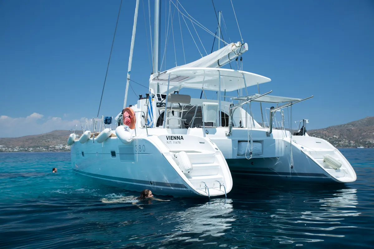 Exterior view of Vienna, a Lagoon 380 S2 catamaran at Preveza, Greece