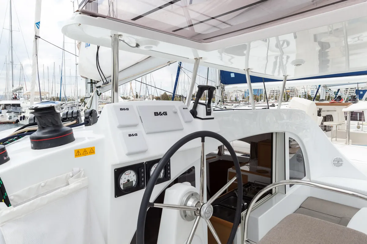 Cockpit of Vienna, a Lagoon 380 S2 catamaran at Preveza, Greece