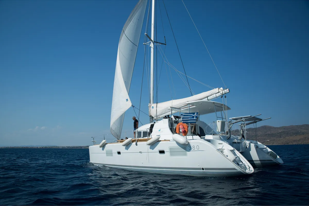 Exterior view of Vienna, a Lagoon 380 S2 catamaran at Preveza, Greece