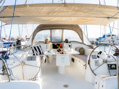 Cockpit of Elisavet, a Beneteau Cyclades 50.5 sailboat at Athens, Marina Delta Kallithea, Greece
