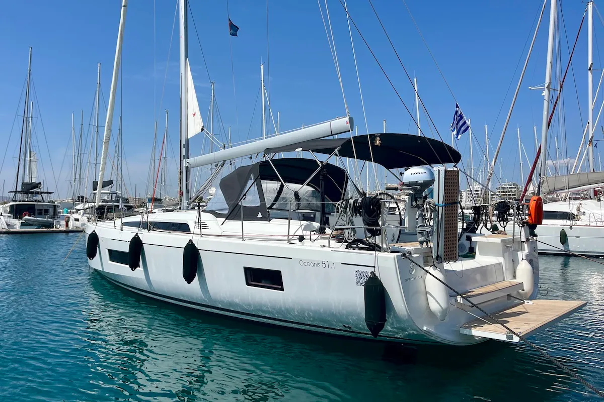 Exterior view of O L G A, a Beneteau Oceanis 51.1 sailboat at Athens, Greece