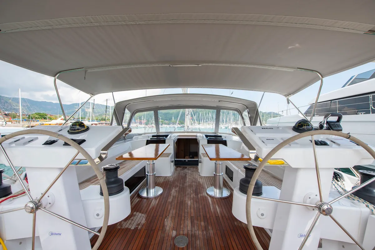 Cockpit of Playa, a Hanse 548 sailboat at Fethiye, Turkey