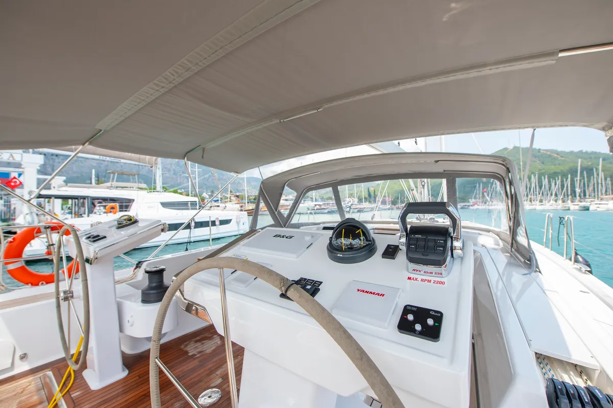 Cockpit of Playa, a Hanse 548 sailboat at Fethiye, Turkey