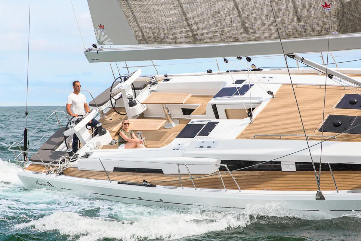 Deck of Playa, a Hanse 548 sailboat at Fethiye, Turkey